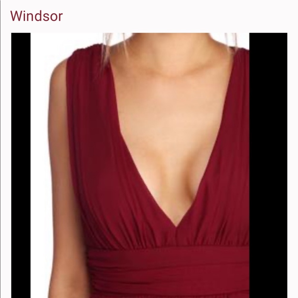 Windsor maroon chiffon overlay dress with slit.